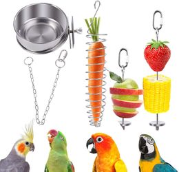Bird Food Holder Stainless Steel Parrot Hanging Vegetable Fruit Feeder Parrot Treat Foraging Skewer Toy Include Fruit Fork Stick,Food Basket,and Feeding Dish Cup