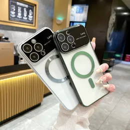 Plating Logo Hole Magnet Case For iPhone 15 14 Plus 11 12 13 Pro Max Casing soft PC HARD Lens Film Protector Wireless Charging cover
