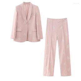 Women's Two Piece Pants Woman Elegant Pink Loose Embroidery Blazer Suit 2023 Spring Female Basic Button Blazers Set Floral Straight Pant