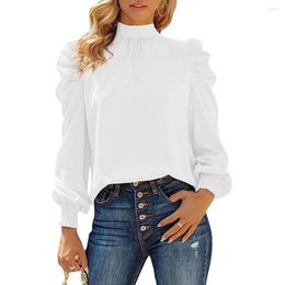 Women's Blouses Women Blouse Half High Collar Pullover Shirt Puff Ruffle Long Sleeve Solid Color Tops Loose Fit Work Female Clothing