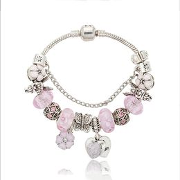 Fashion 925 Sterling Silver Pink Murano Lampwork Glass & European Charm Beads Five Petals Flower Rose Heart Dangle Fits Pandora Charm Bracelets & Necklace