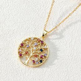 Popular Round Hollow Tree of Life Pendant Necklace 18K Gold-plated Zircon Copper Necklace Jewellery Gift In Bulk