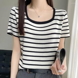 Women's T Shirts Summer Short-sleeved Women Tees Square Neck Slim Striped Pullover Vest T-shirt Knitted Base Casual Comfortable Top Sweater