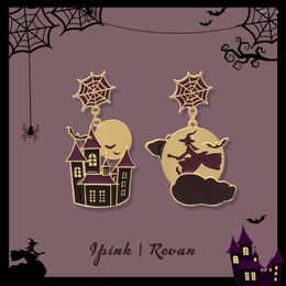 Backs Earrings Halloween Castle Witch Broom Bat Asymmetrical Personality Creative Ear Clips