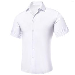 Men's Casual Shirts Hi-Tie White Pure Plain Silk Short Sleeves Men Spring Summer Hawaii Shirt Male Breathable Soft Formal High Quality