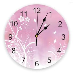 Wall Clocks Flower Butterfly Pink Clock Living Room Home Decor Large Round Mute Quartz Table Bedroom Decoration Watch