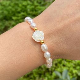 Strand Shell Rose Flower Bracelet Real Freshwater Pearl Beads For Women Natural Pearls Charm Bangles Female Jewelry Wedding