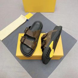 Designer Trainer Mule Slippers embossed calf leather Black Sandal Men Buckle script strap Slipper Old Flower Summer Leather Rubber Shoe Slides 05