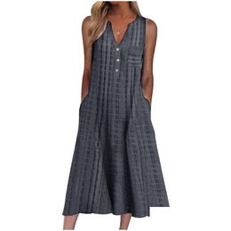 Basic Casual Dresses Women Summer Striped Button V-Neck Sleeveless Midi Dress With Pockets A-Line Flared Holiday Party Drop Delive Dhdzw