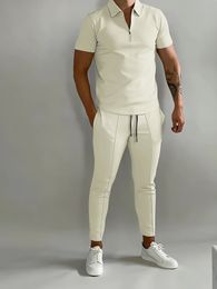Men's Tracksuits Solid Colour Men's Suit Summer Casual Short Sleeve Polo Shirt Calf pants for Men Streetwear Male tracksuit 2-piece set 230707