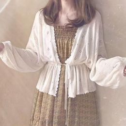 Women's Knits Cardigan Women Spring Summer Sunscreen Tops Loose Lace-up Sweet Coat Girls Batwing Sleeve Vintage Korean Style Knitted