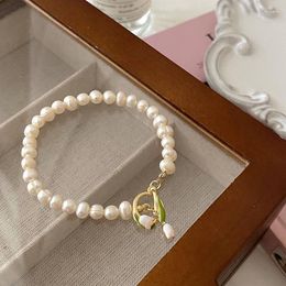 Link Bracelets Lovelink French Style Elegant White Irregular Pearl Bead Gold Color Tulip Flower Bangle For Women Fashion Jewelry