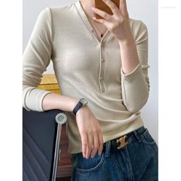 Women's T Shirts 2023 Spring Women Long Sleeve T-shirt V Neck Button Design Soft Slim Knit Bottom Shirt Solid Color Basic Tops