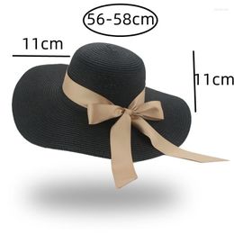 Chapéus de aba larga para mulheres Chapéu de sol de palha de verão grande 11 cm laço de luxo sólido preto branco cúpula rodada superior boné de praia feminino chapeau femme