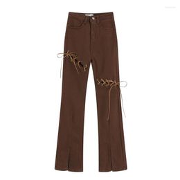 Women's Jeans High-waist Slit Loose Wide-leg Trousers Girl Flared Design Bandage Decor