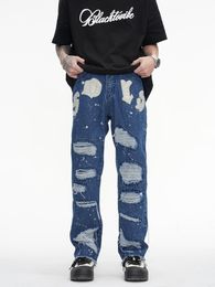 Men's Jeans American style ripped letters raw edge trendy brand street jeans for men and women loose straight vibe slimfit trousers 230707