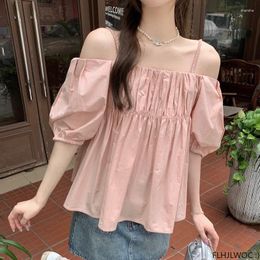 Women's Blouses Sexy Off Shoulder Tops Design Woman 2023 Summer Holiday Date Girls Casual Black Pink Retro Vintage Blouse FLHJLWOC