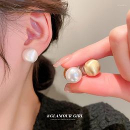 Stud Earrings Ins Korea Fashion Circle Metal Wire Drawing With Pearl Women Elegant All Match Party Jewellery Bean