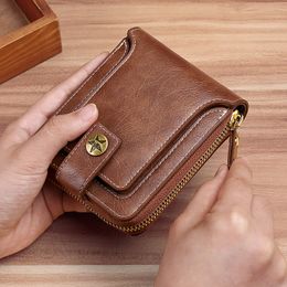 Men Wallet Genuine Leather Luxury Designer Purses Short Zipper Coin Purse Card Holder Chain Portfolio Portomonee Male Walet