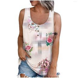 Women's T Shirts Summer Sleeveless Casual Printed O Neck Button Up T-Shirts Dressy Fit Slim Tunic Ladies Tops Shirt For Women