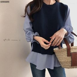 Women's Tracksuits 2023 Spring Winter Women Ruffled Long Sleeve Shirt O Neck Pullover Sleeveless Vest Office Casual Knitted Vests Two Pieces