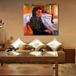 Large Abstract Canvas Art Self-portrait with Bottle of Wine Edvard Munch Hand Painted Oil Painting Statement Piece for Home