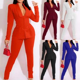 Women's Two Piece Pants Women Suit Set Elegant Office Business Lapels Long Sleeve Formal Jacket Pant Slim Fit Ladies Curvy Leg