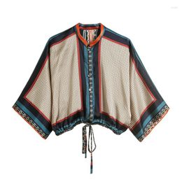 Women's Blouses 2023 Boho Classic Floral Crepe Satin Top Vintage Drawstring Blouse Women Korean Fashion Holiday Beach