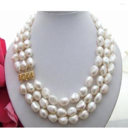 Chains Hand Knotted Necklace Natural 10-11mm White Baroque Freshwater Pearl Sweater Chain 3rows 17-19inch
