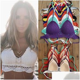 Women'S Swimwear 10 Color Hand Crochet Bikini Top Push Up Festival Tassel Crop Swimsuit Beach Clothing Drop Delivery Apparel Womens Dh3Oz