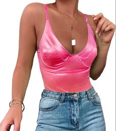 Women's Fashion Deep V Neck Vest Shiny Thong Bodysuit Tank Tops with Underwire