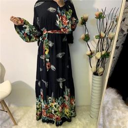 Ethnic Clothing Muslim Women's Fashion Print Large Swing Loose Lace Up Dress Maxi Dresses For Women Moroccan Kaftan Robe Longue