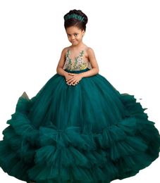 Hunter Green Flower Girls Dresses For Weddings Jewel Neck Illusion Sleeveless Crystal Beading Tiered Tulle Birthday Children Pageant Gowns Sweep Train