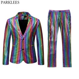 Men's Suits Blazers Mens Stage Prom Gold Silver Rainbow Plaid Sequin Jacket Pants Men Dance Festival Christmas Halloween Party Costume Homme 230707