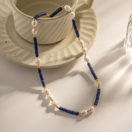 Choker ALLME Boho Navy Blue Natural Stone Lapis Beaded Necklaces 18K Gold Plated Stainless Steel Glass Pearl Necklace Women