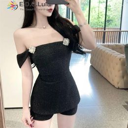 Women's Tracksuits EDGLuLu Summer Outfits For Women 2023 Backless Bow Drilling Buckle Camisole Shorts Tweed Suit White Black 2 Piece Sets