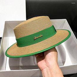 Wide Brim Hats Type Of Strapping Letter-labeled Flat-top Straw Hat Women's Spring And Summer Outing Fashionable Sun-shading Beach