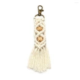 Keychains Hand-knitted Wooden Figured Beads Cotton Tassel Key Chain Boho Macrame Bag Charms With Fringes Car Hanging Jewellery Ornament