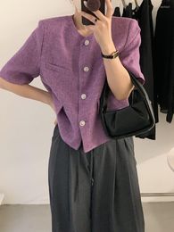 Women's Jackets 3 Colour Temperament Purple Tweed Coat Button Suit Short Sleeved Jacket Women Y2k Korean Loose Chaquetas Vintage Mujer Top