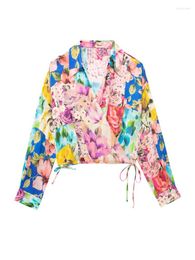 Women's T Shirts Casual Floral Printed Women Shirt Long Sleeve V-neck Loose Patchwork Female Crop Top 2023 Spring Summer Fashion Ladies