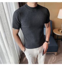 Men's T Shirts Style Men High Grade Solid Colour Stripe Knit T-shirt/Male Slim Fit Fashion Collar Short Sleeve T-shirt Black White