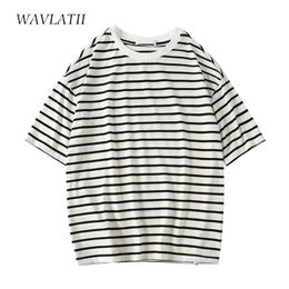 Pants Wavlatii Women New Fashion Striped T Shirts Female Beige Black Strip Cotton Oversized Short Sleeve Tees Tops for Summer Wt2269