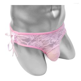 Underpants Floral Lace Sissy Pouch Panties Lace-Up Mens Briefs Underwear With Bulge See Through Sheer Sexy Lingerie Male