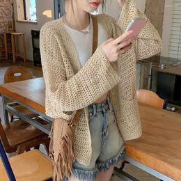 Women's Blouses Women Cardigan Open Stitch Knitted Long Sleeves Fall Coat Anti-UV Hollow Out Patch Pockets Lady Spring Jacket