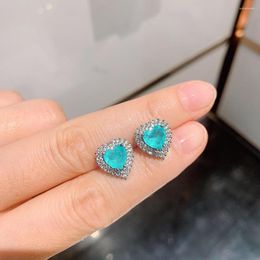 Stud Earrings Delicate Paraiba Emerald Heart-Shaped With Diamond ForWomen Lover Blue Green Zircon Christmas Banquet Gift Jewelry