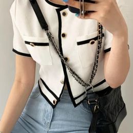 Women's Jackets Round Neck Contrast Chic Single Breasted Cardigan Loose Short Sleeve Jacket Denim Crop Top Women Shirt Casual Coat