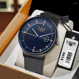 Wristwatches 2023 LIGE Simple Mens Watches Top Brand Fashion Ultra Thin Quartz Watch For Men Mesh Strap Waterproof Relogio Masculino