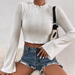 Women's T Shirts European And American Sexy T-shirt Short Solid Colour Long Sleeve Top Pleated Flare