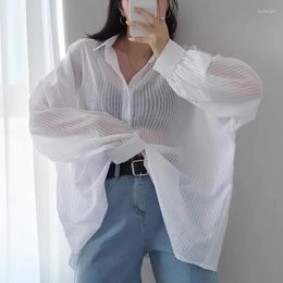 Women's Blouses Polo Neck Striped White Shirts Women See-through Long Sleeve Loose Summer Single Breasted Tops Female SH001