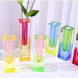 Decorative Objects Figurines Beautiful Acrylic Crystal Rainbow Vase Luxury Pillar Bud Tabletop Vases Flower Container Nordic Room Home Decoration 230707
